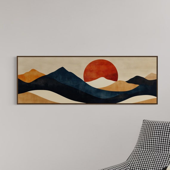 Abstract Mountain Wall Art Minimalist Layered Landscape Print With Bold Red Sun Earthy Tones And Modern Geometric Design