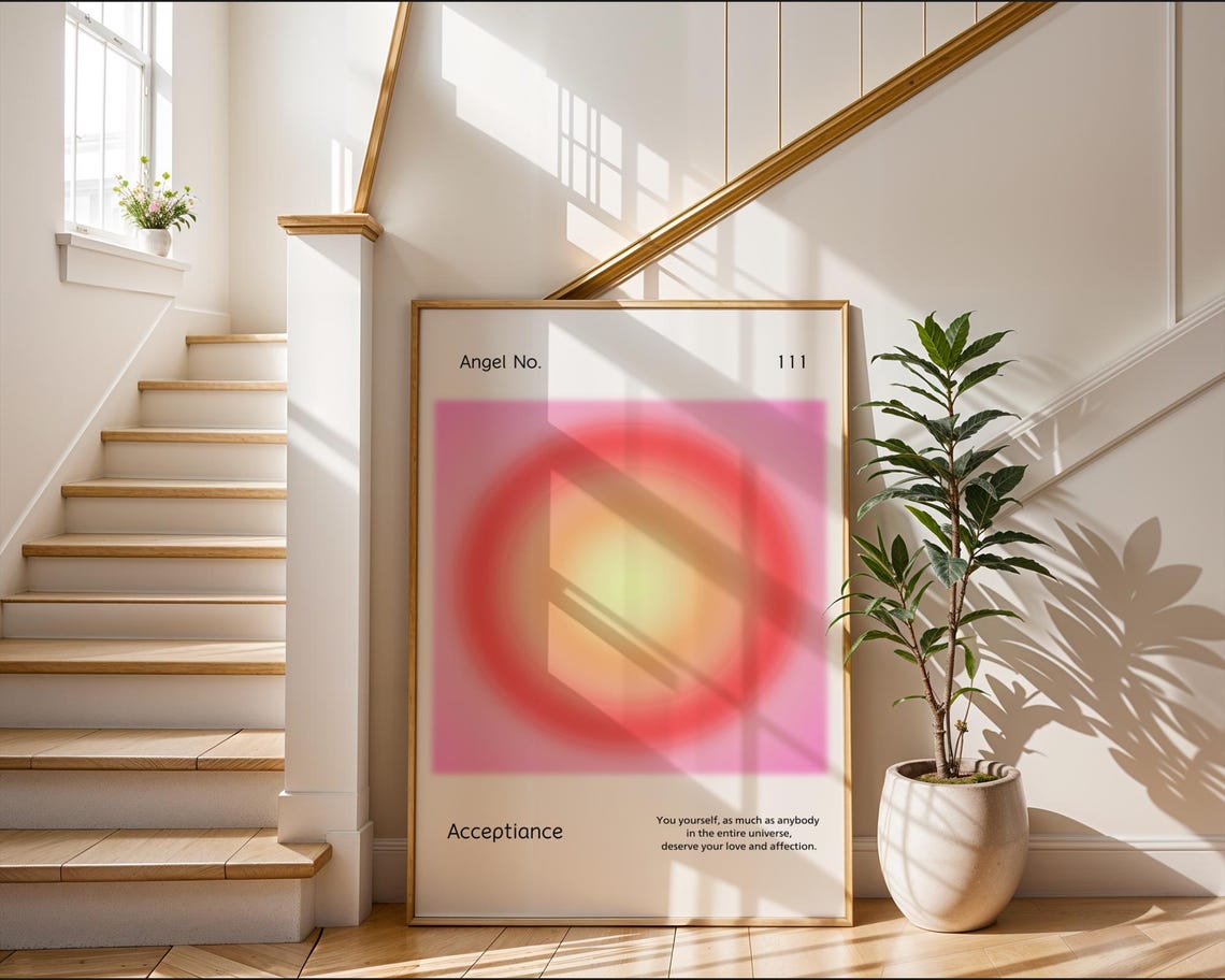 Angel Number 111 Aura Poster Pink Yellow Spiritual Affirmation Art