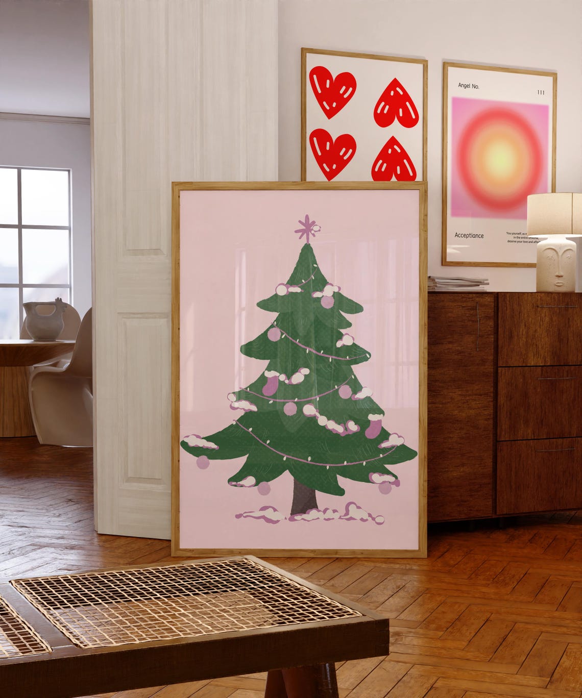 Pink Christmas Tree Illustration Poster Whimsical Holiday Decor - Image 3