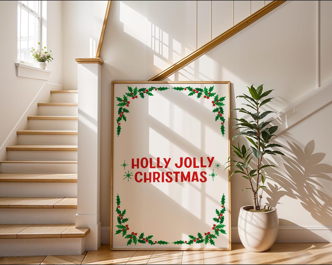 Holly Jolly Christmas Poster with Holly Border Retro Holiday Art - Image 2
