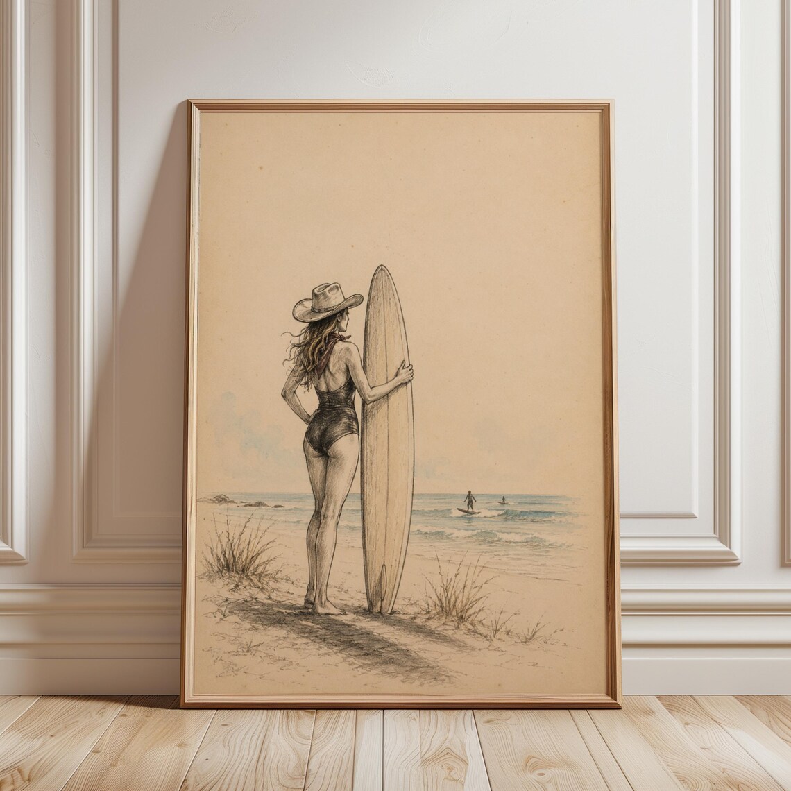 Coastal Cowgirl Surfer Girl Vintage Beach Longboard Sketch Art Poster