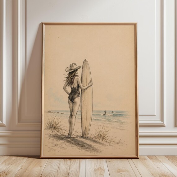 Coastal Cowgirl Surfer Girl Vintage Beach Longboard Sketch Art Poster