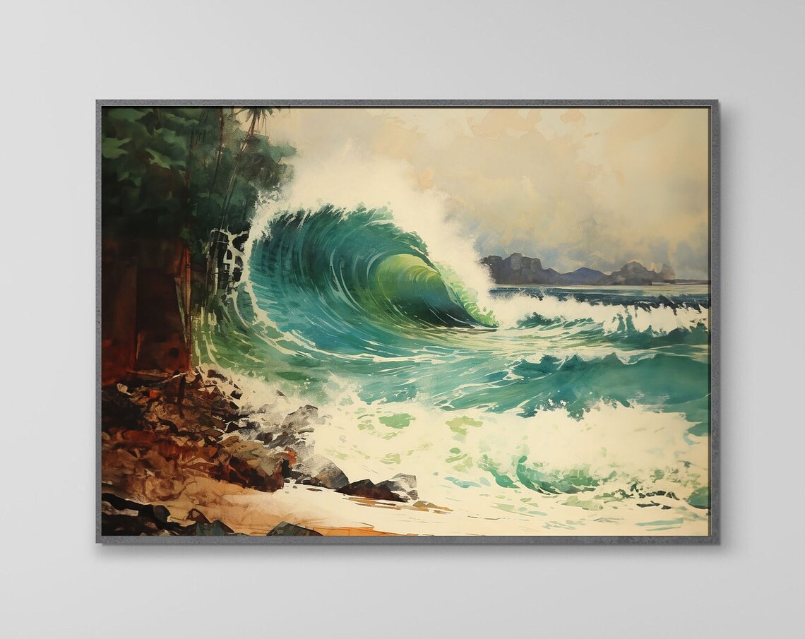 Turquoise Ocean Wave Watercolor Coastal Beach Surf Scene Wall Art
