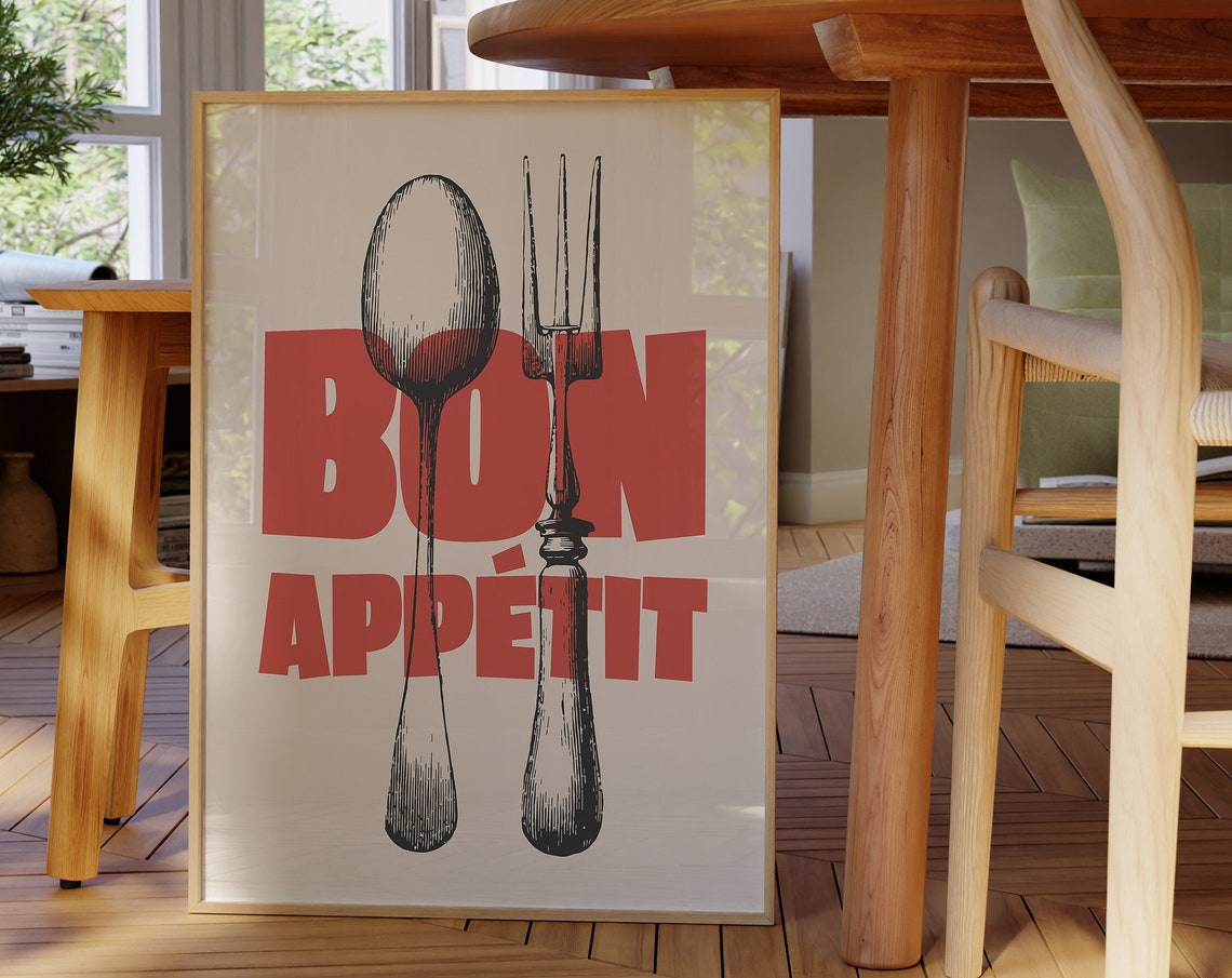 Bon Appetit Red Bold Spoon Fork Vintage French Kitchen Wall Art