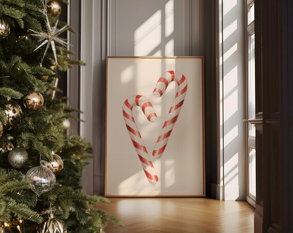 Sweet Candy Cane Heart Watercolor Christmas Holiday Art Print