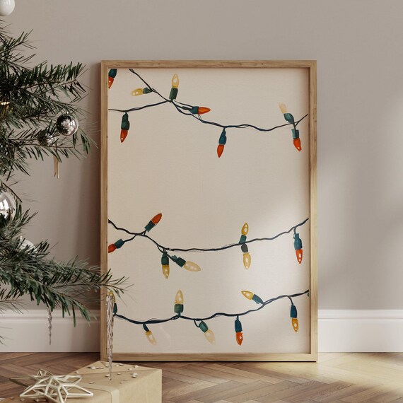 Christmas String Lights Watercolor Festive Garland Minimalist Holiday Print