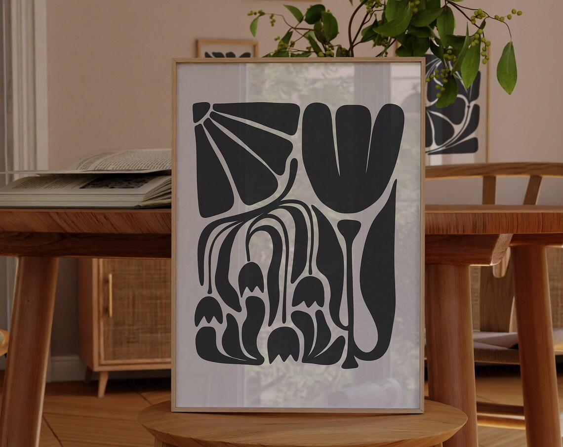 Black Beige Abstract Botanical Bold Organic Shapes Statement Poster
