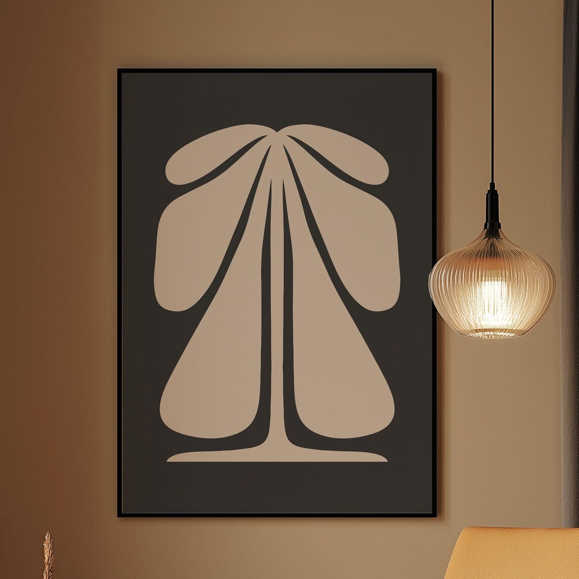 Beige Abstract Botanical Shapes on Dark Moody Background Poster