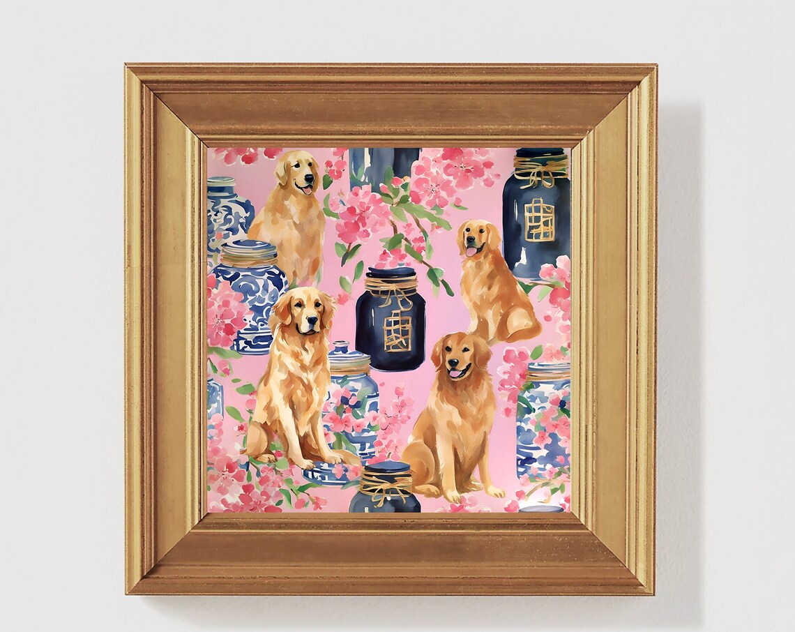 Golden Retriever Dogs Cherry Blossoms Ginger Jars Chinoiserie Poster