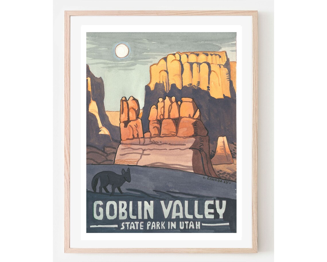 Goblin Valley State Park Utah Vintage Travel Poster Hoodoos Moon Night Art