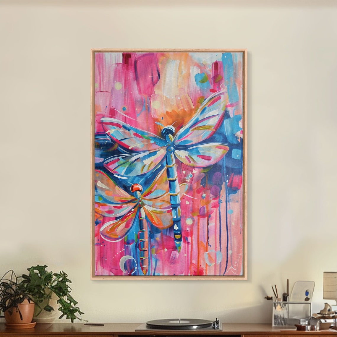 Colorful Dragonflies Abstract Nature Pink Blue Insect Art Wall Poster - Image 2