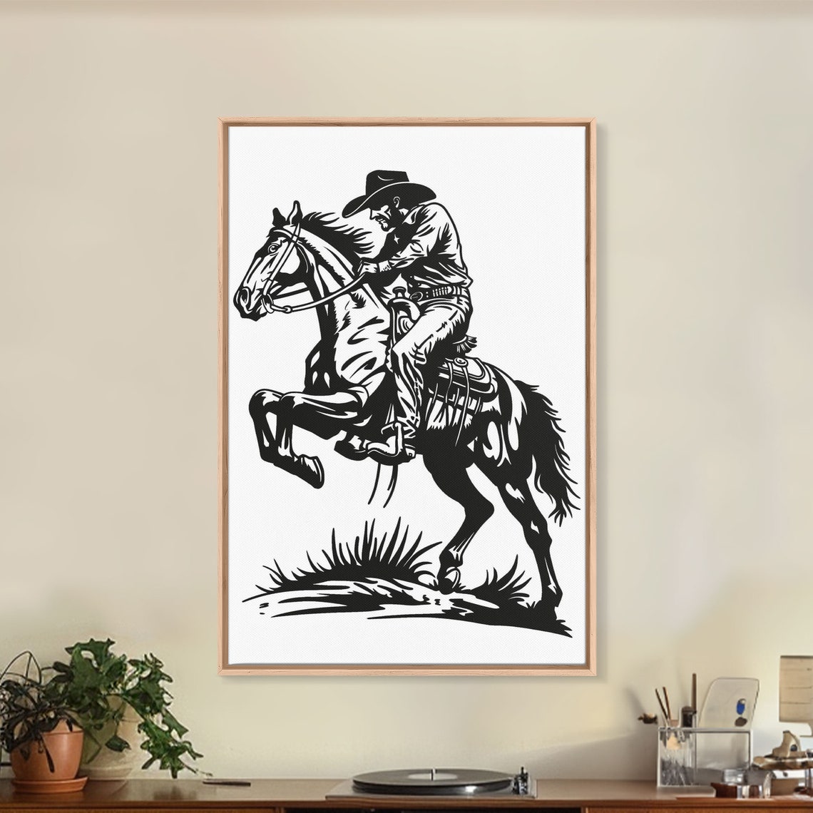Classic Cowboy Riding Horse With Reins Black White Line Art Poster - Image 4