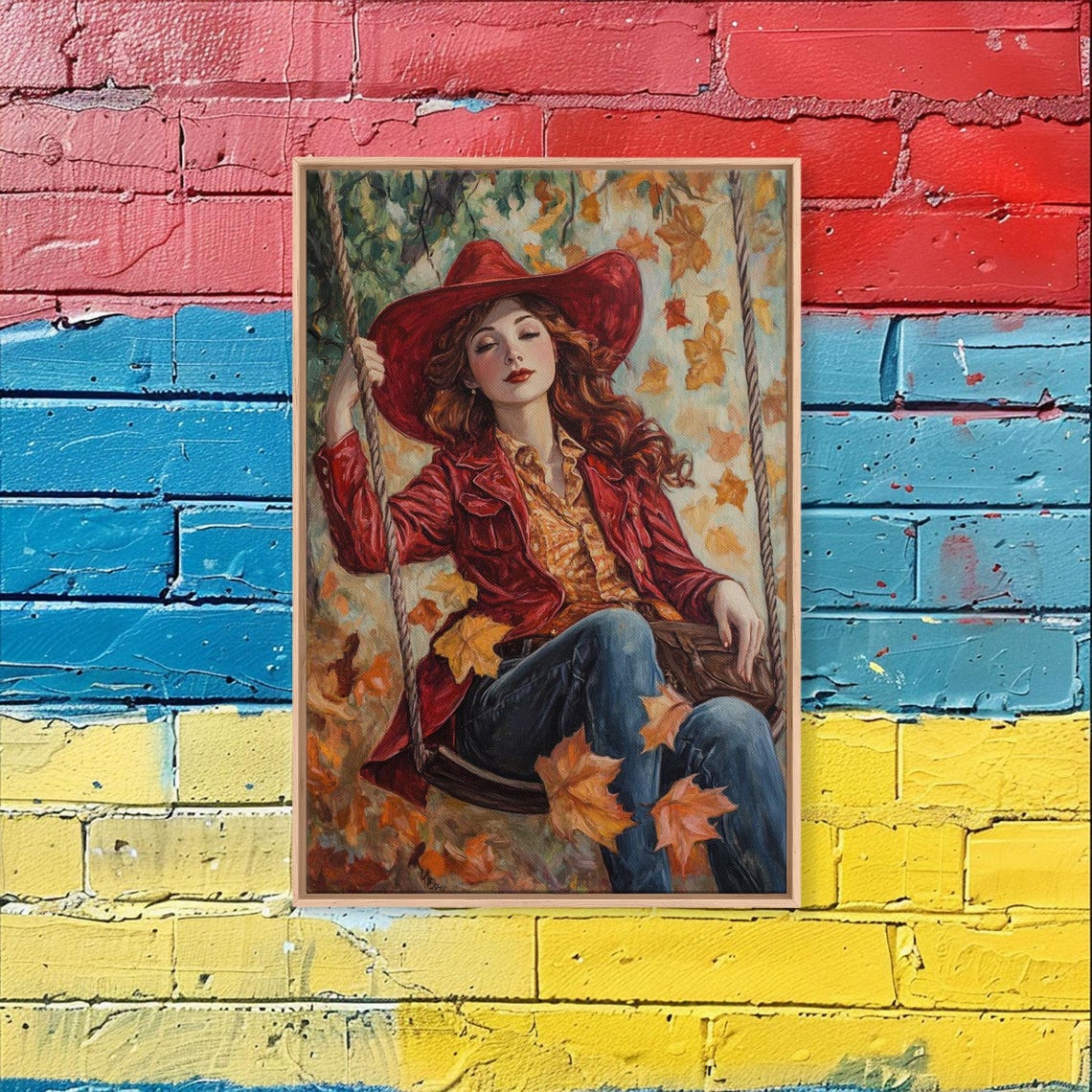 Fall Cowgirl Enjoying Her Swing Framed Print Autumn Decor Cute Wall Art Gift Idea - Image 3