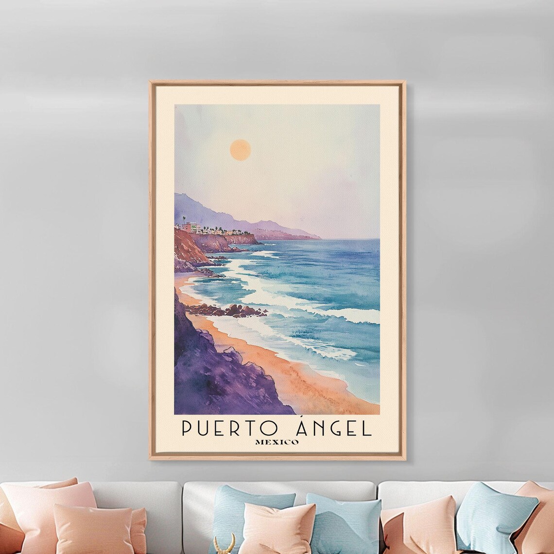 Puerto Angel Mexico Rocky Coastline Sunset Surf Headland Blue Ocean Watercolor Poster - Image 3