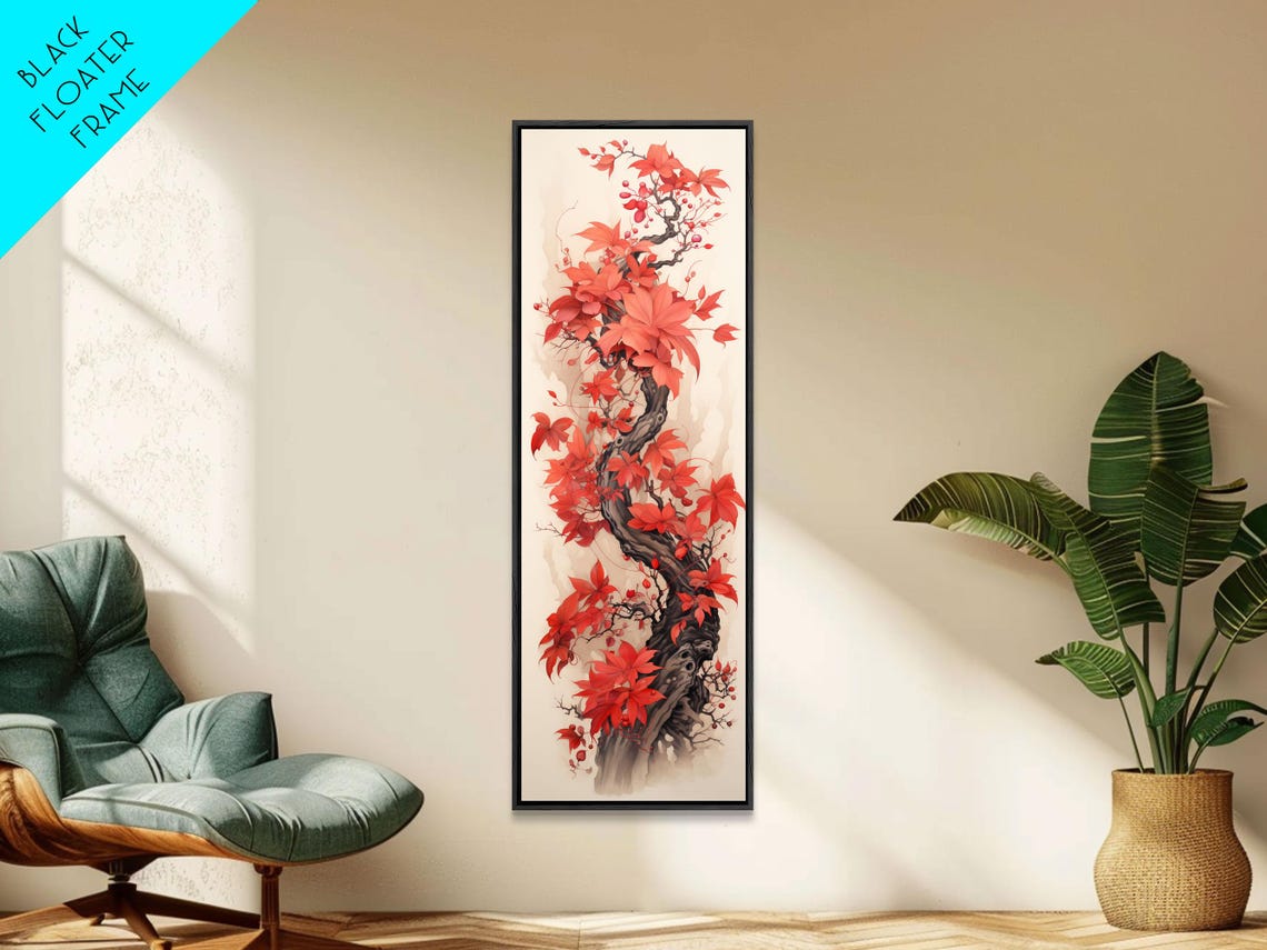 Twisting Vine With Red Autumn Berries Ink Wash Japanese Wall Art - Image 6