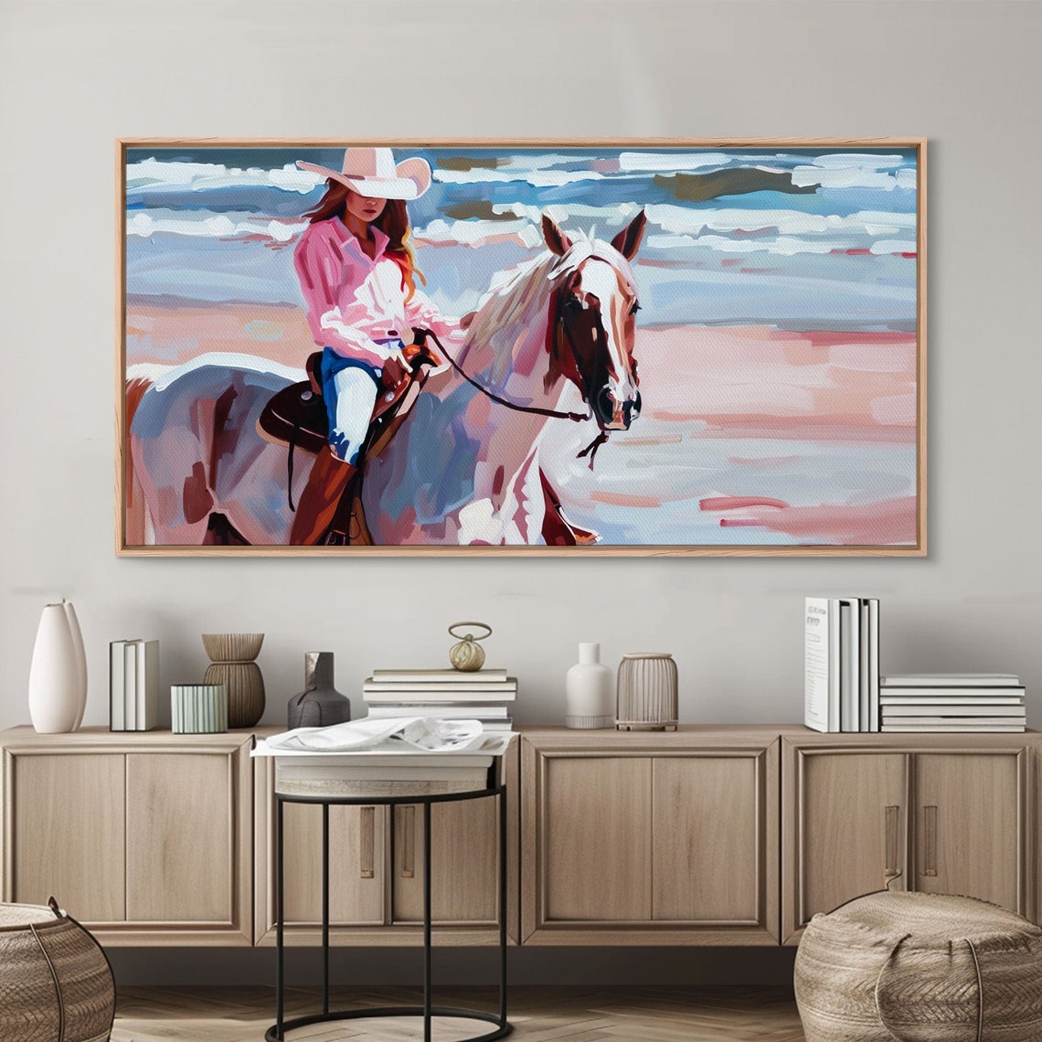 Cowgirl In Pink Shirt Riding Horse By The Sea Beautiful Framed Print Coastal Living Room Art Beach Bedroom Decor Horse Art - Image 4