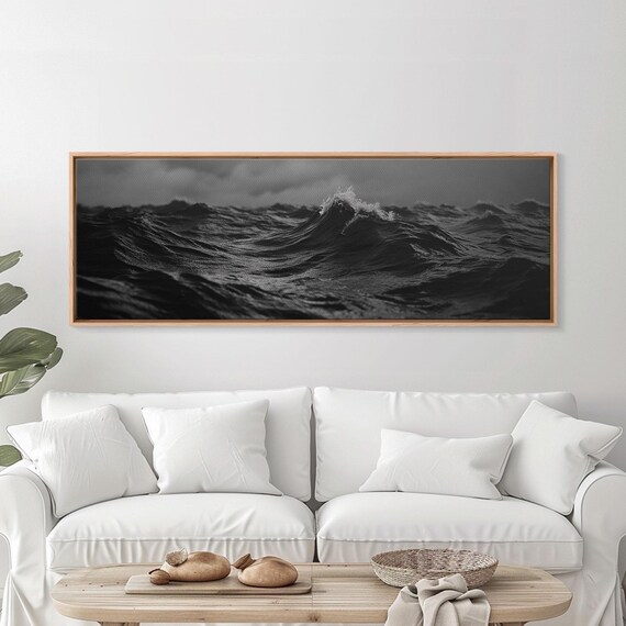 Black And White Ocean Waves Photography Dramatic Dark Seascape Panoramic Wall Art Print