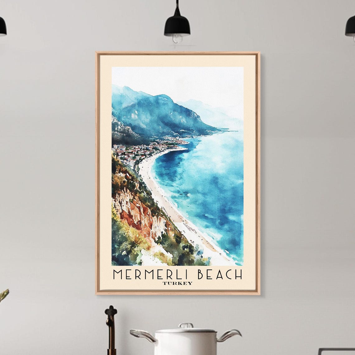Mermerli Beach Turkey Curved Sandy Cove Seaside Town Watercolor Poster - Image 6