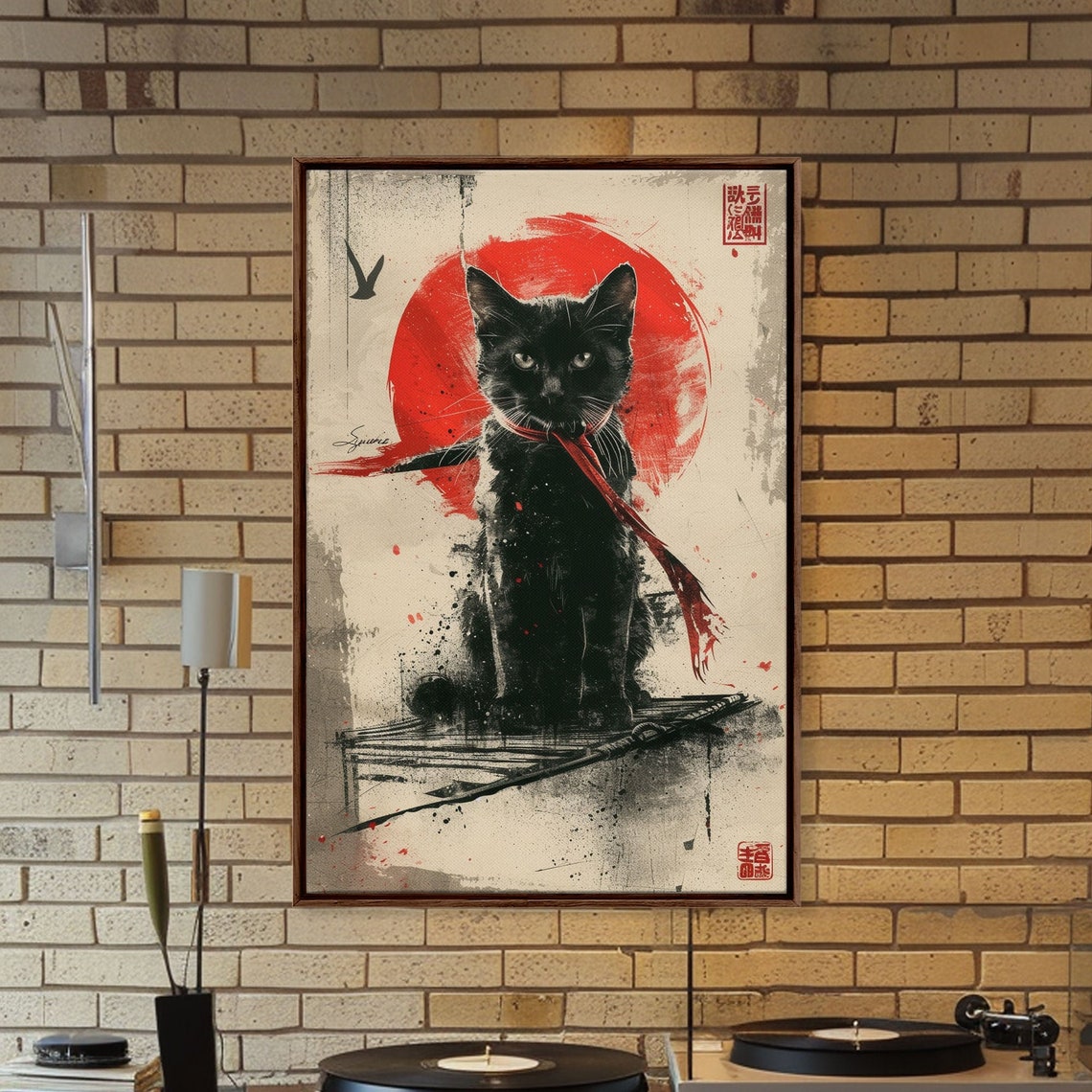Japanese Samurai Cat Poster Black Cat with Katana and Red Sun Art