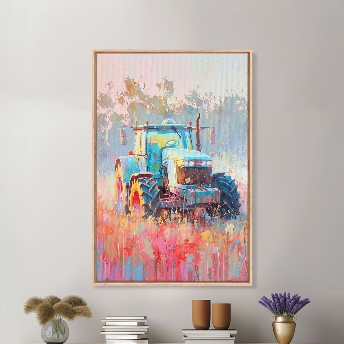 Tractor In A Colorful Meadow At Sunrise Pastel Farm Landscape Poster - Image 5