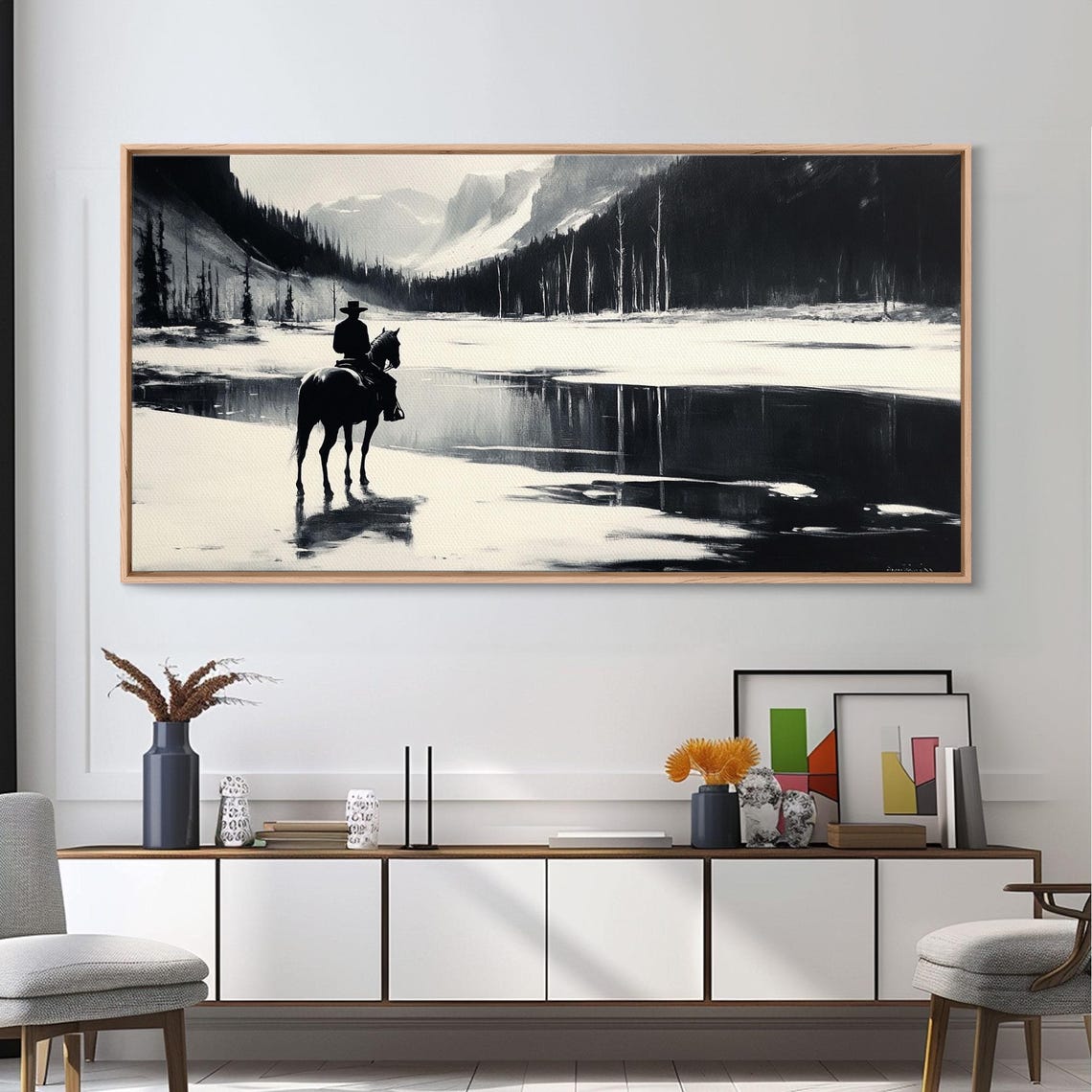Cowboy On Horseback By A Frozen Mountain Lake Black White Art Print - Image 3