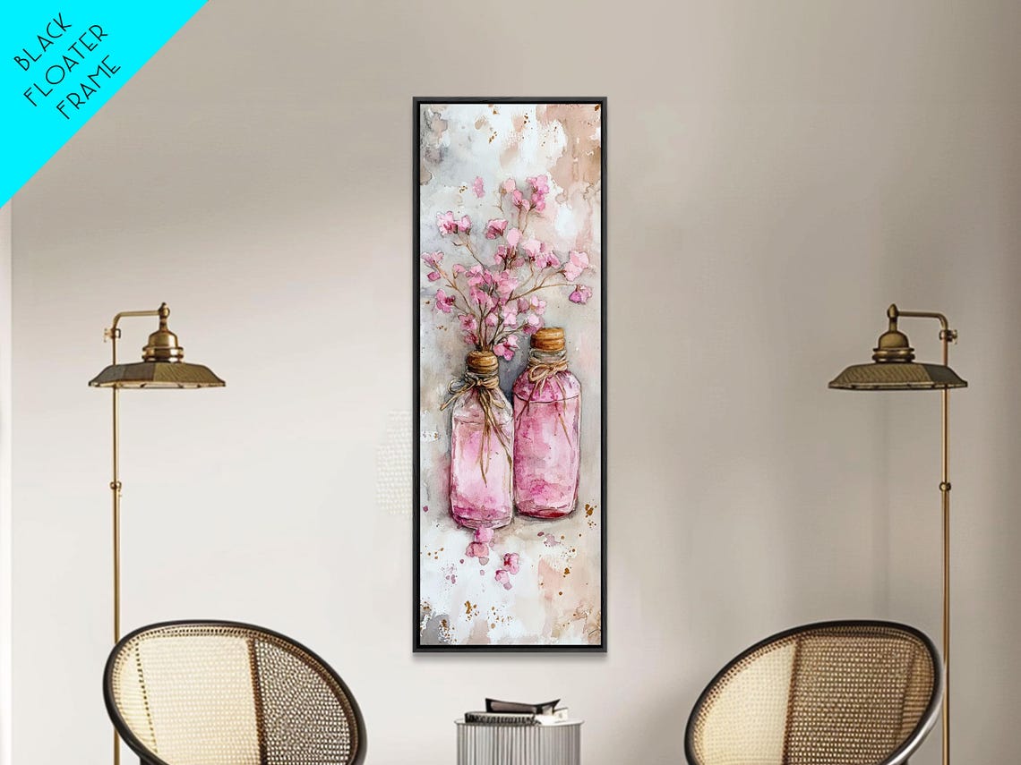 Pink Glass Bottles Wildflowers Rustic Farmhouse Watercolor Poster - Image 2