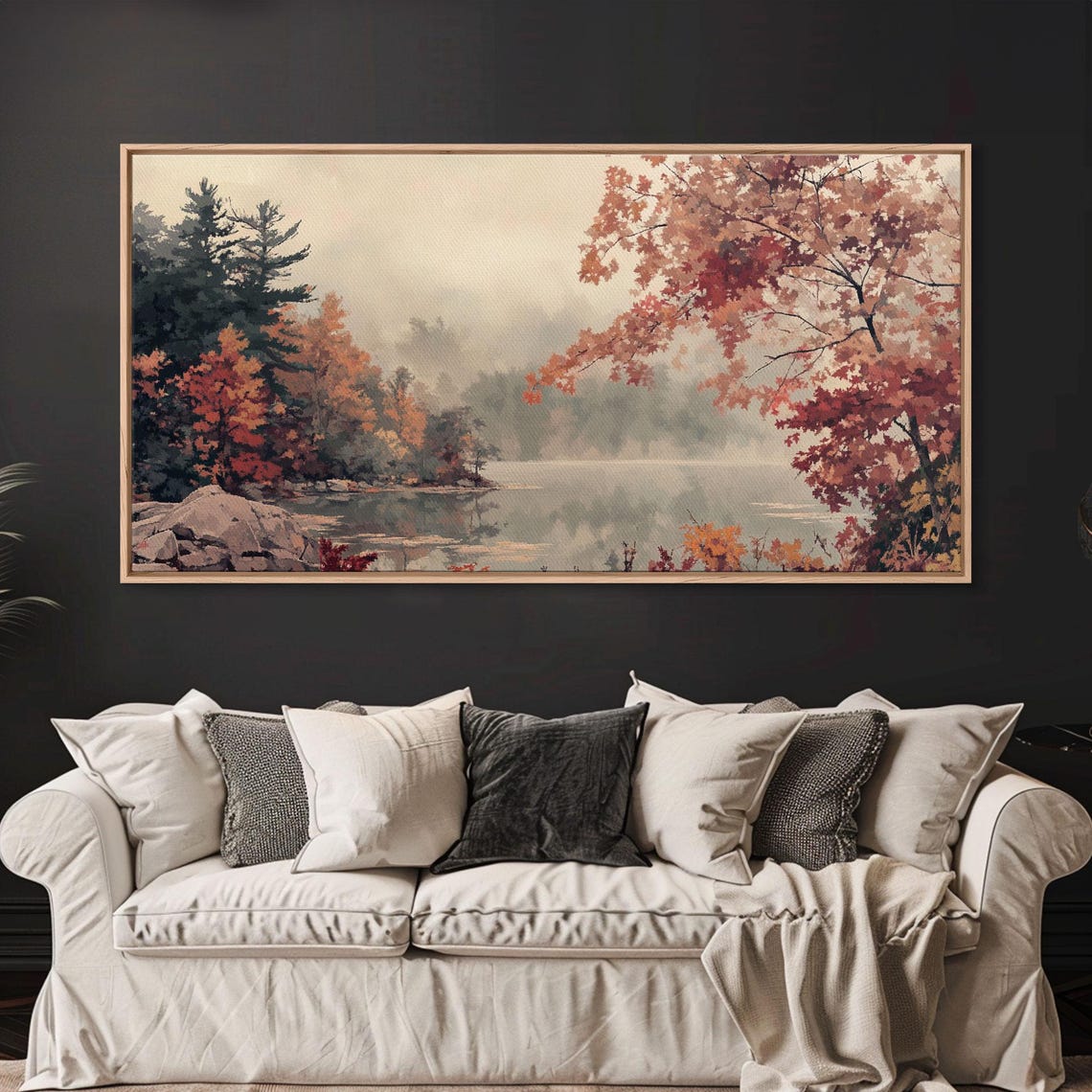 Misty Autumn Lake Framed By Red Maples And Pine Trees Poster