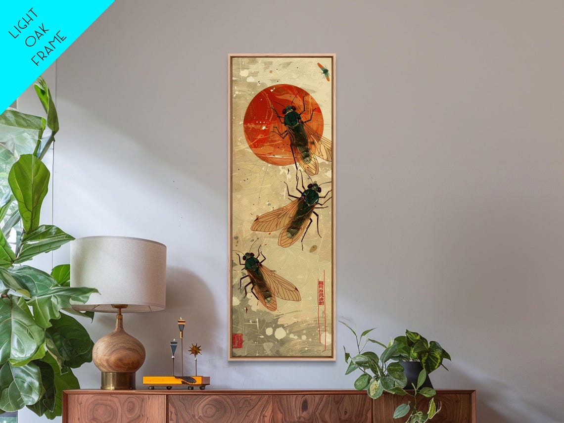 Cicadas With Red Sun Vintage Japanese Woodblock Skinny Tall Poster - Image 4