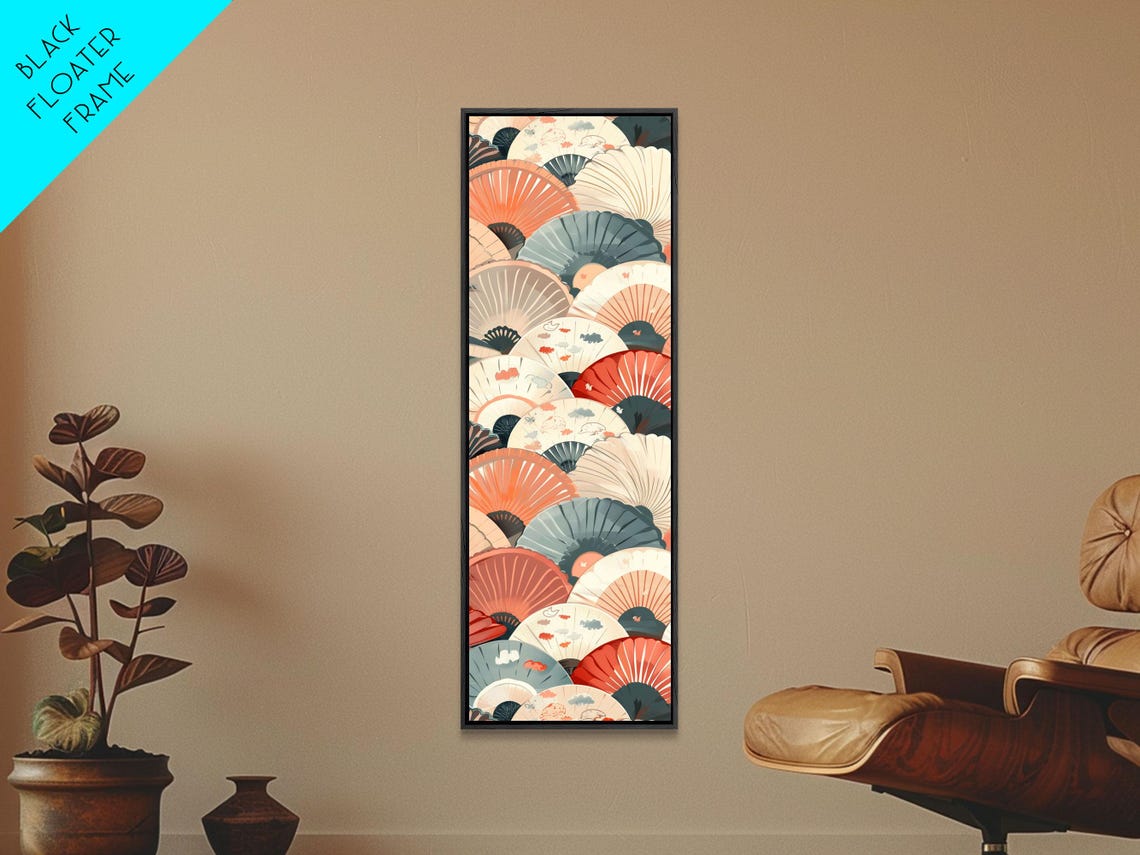 Overlapping Japanese Folding Fans Red Cream Teal Tall Art Poster - Image 3