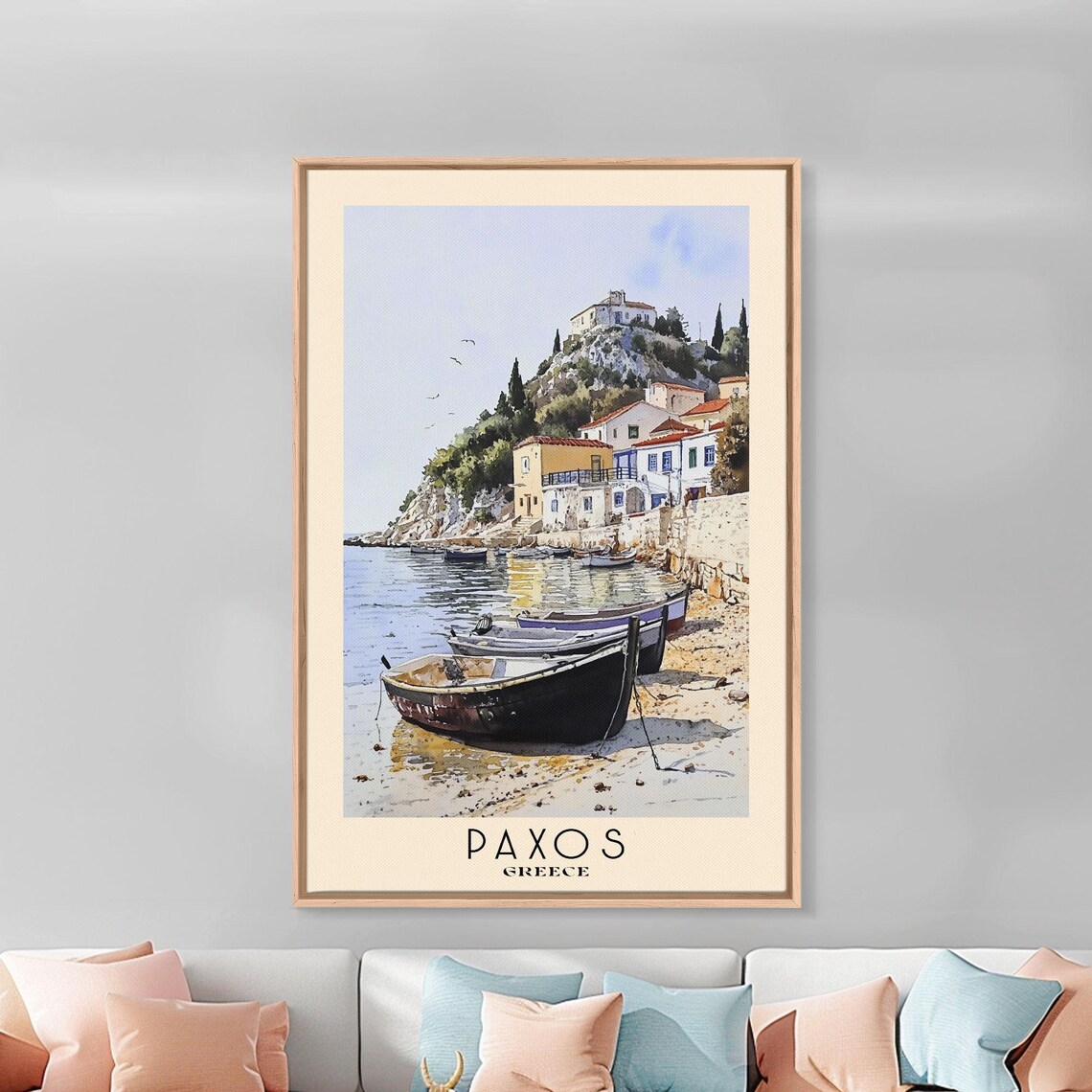 Paxos Greece Harbor Fishing Boats Village Hillside Watercolor Poster - Image 3
