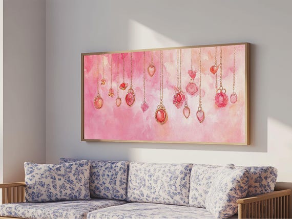 Hanging Pink Gems Print Jewelry Themed Light Pink Wall Art Cottagecore Aesthetic Bedroom Or Vanity Artwork Gift Idea