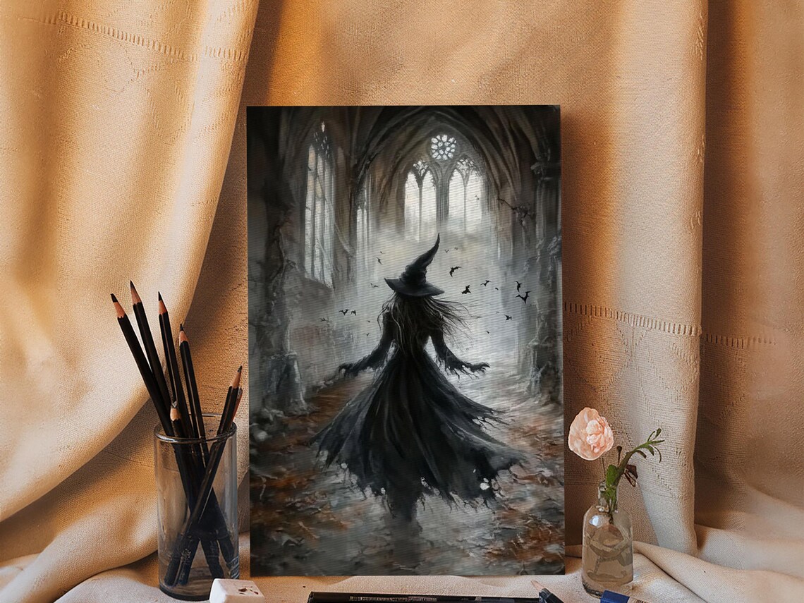 Witch In Gothic Cathedral Ruins Dark Moody Bats Spooky Halloween Art Poster - Image 4