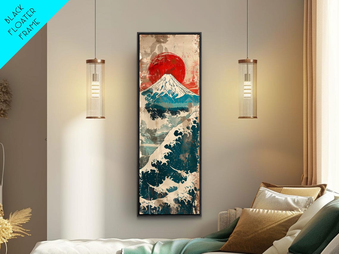 Retro Mount Fuji Under Giant Red Sun With Golden Waves Travel Poster - Image 3