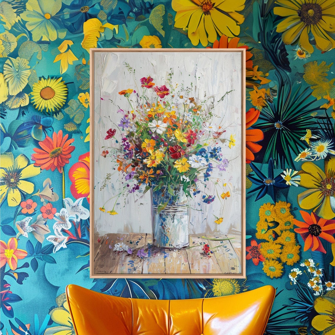 Colorful Wildflowers Rustic Metal Pail Impressionist Floral Art Poster - Image 3