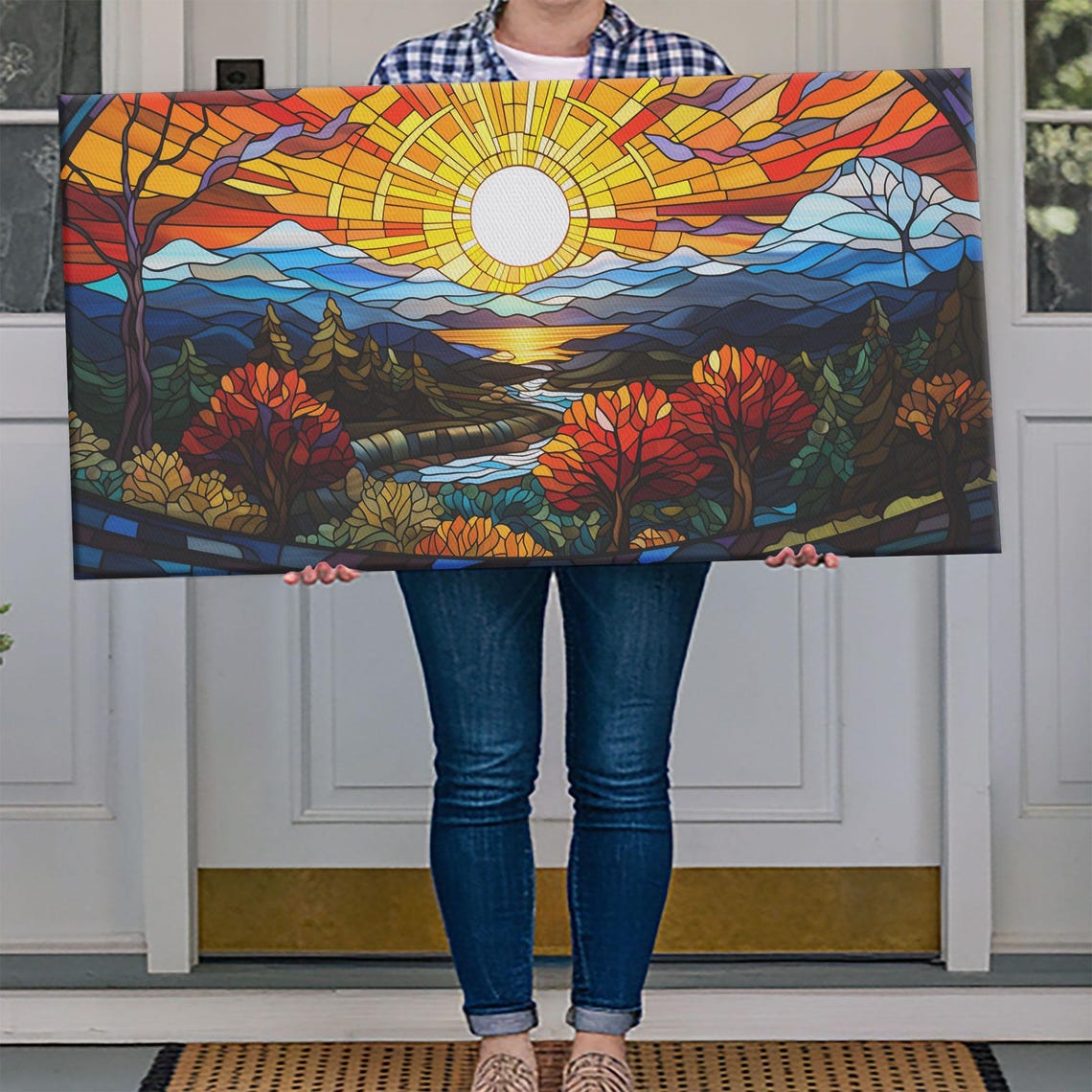 Stained Glass Sunrise Mountain Lake Autumn Forest Landscape Poster - Image 4