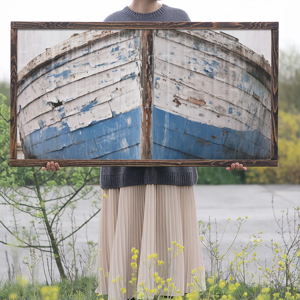 Weathered Old Wooden Boat Hull Peeling Blue Paint Nautical Wall Art - Image 2