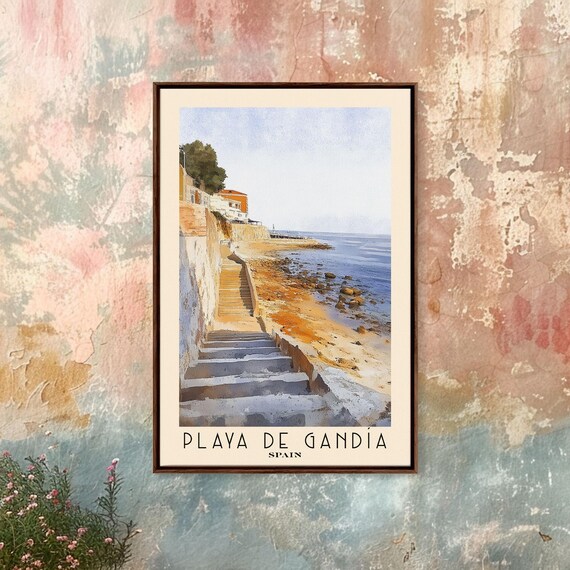 Playa De Gandia Spain Stone Stairway Rocky Shore Old Town Travel Poster