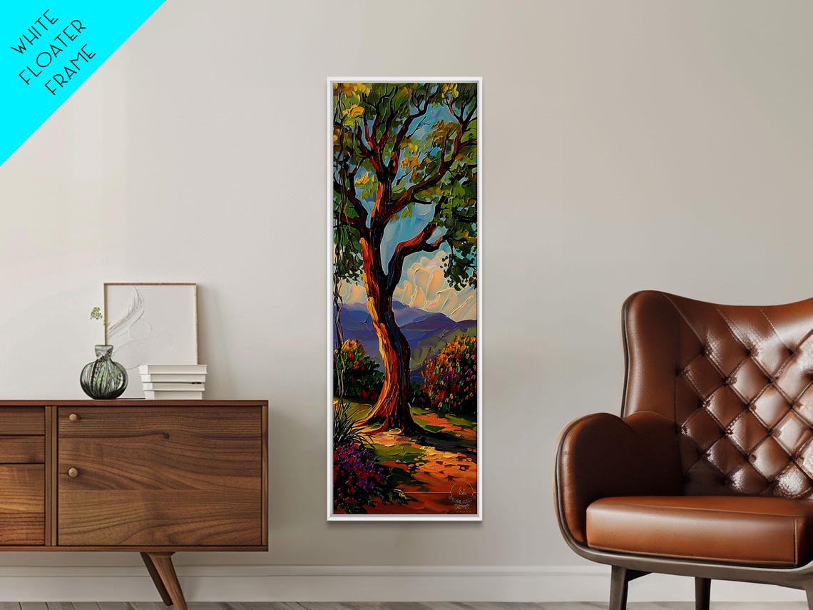 Gnarled Oak Tree On Mountain Path With Wildflowers Impasto View Poster - Image 4