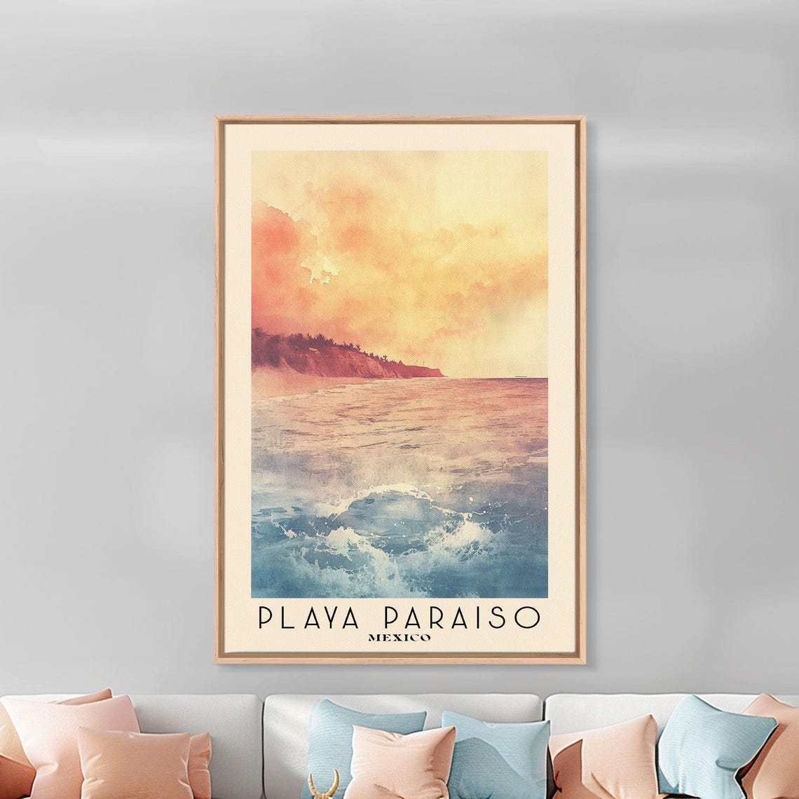 Playa Paraiso Mexico Peach Sunset Ocean Glow Watercolor Travel Poster - Image 3