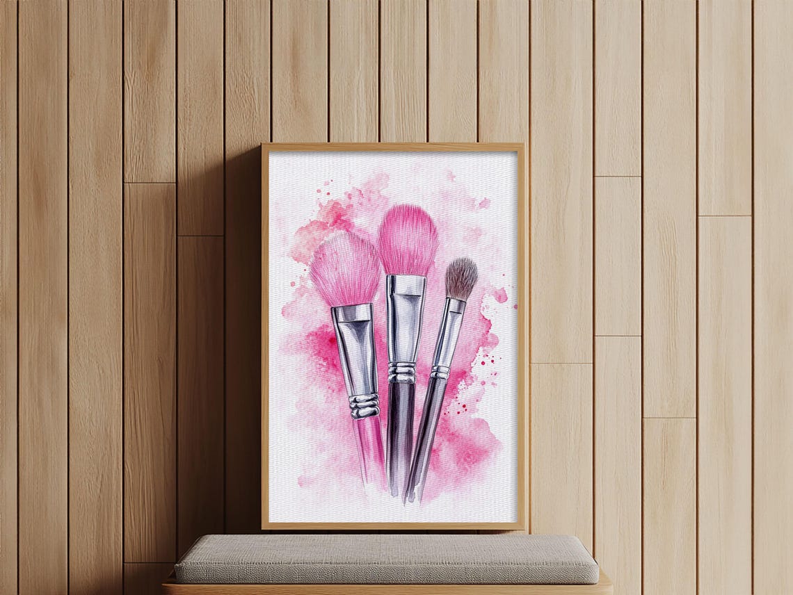 Pink Makeup Brushes Watercolor Beauty Vanity Glam Wall Art Poster - Image 2