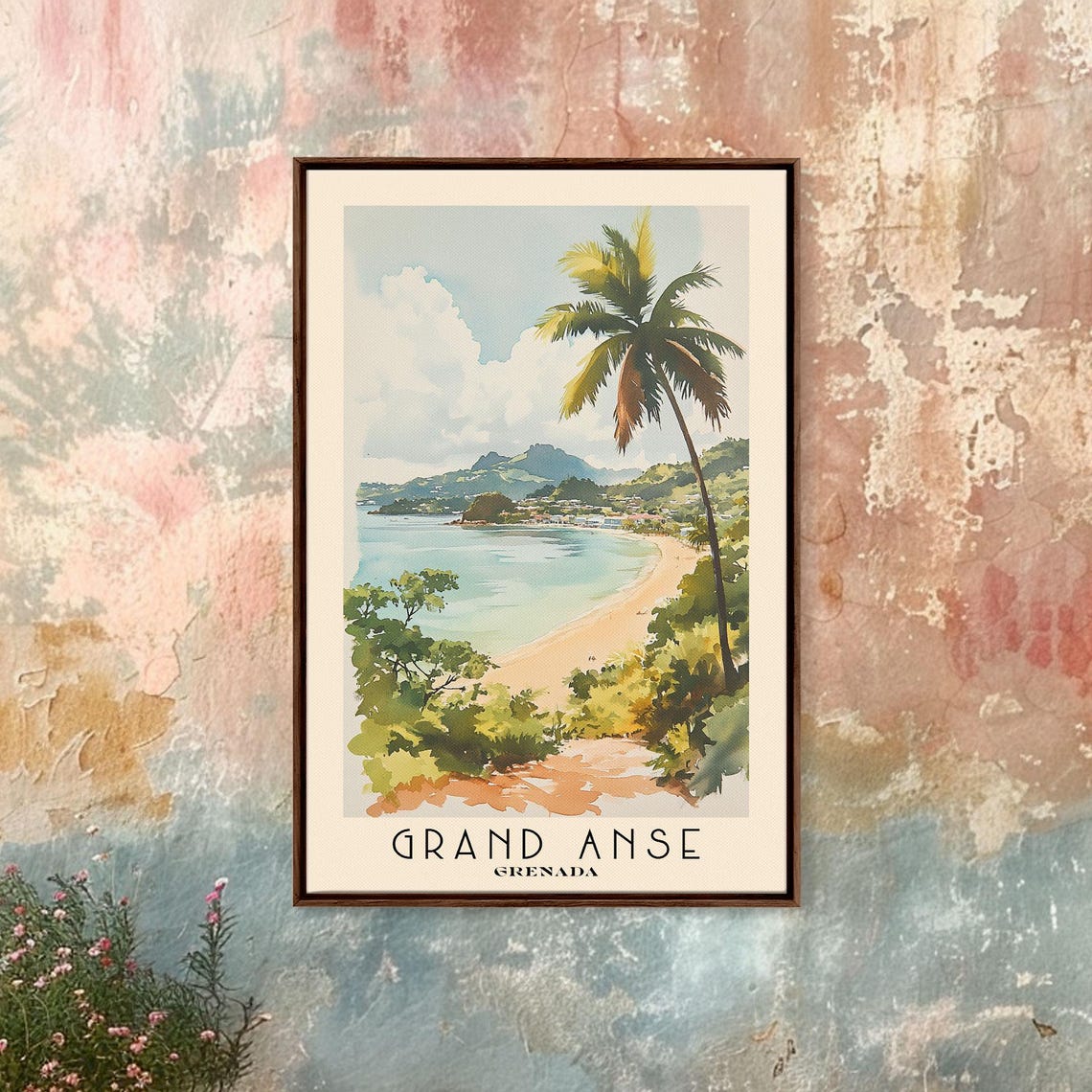 Grand Anse Grenada Crescent Bay Hilltop View Palm Watercolor Poster - Image 3