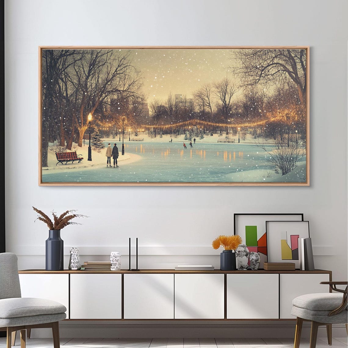 Winter Ice Skating Park Scene With Glowing String Lights Art Print
