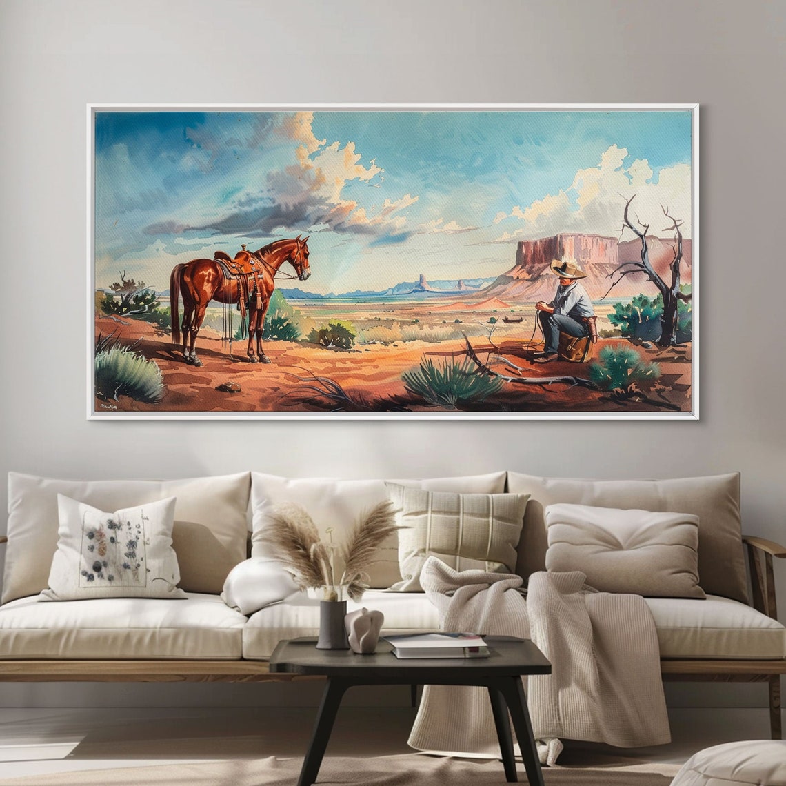 Cowboy Resting Beside Horse Red Desert Mesa Western Painting Poster - Image 5