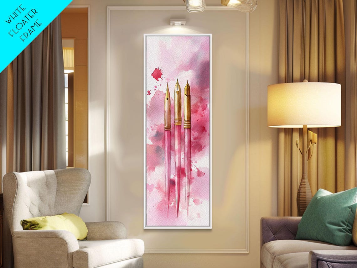 Pink Fountain Pens With Gold Nibs Watercolor Writer Office Wall Art - Image 2