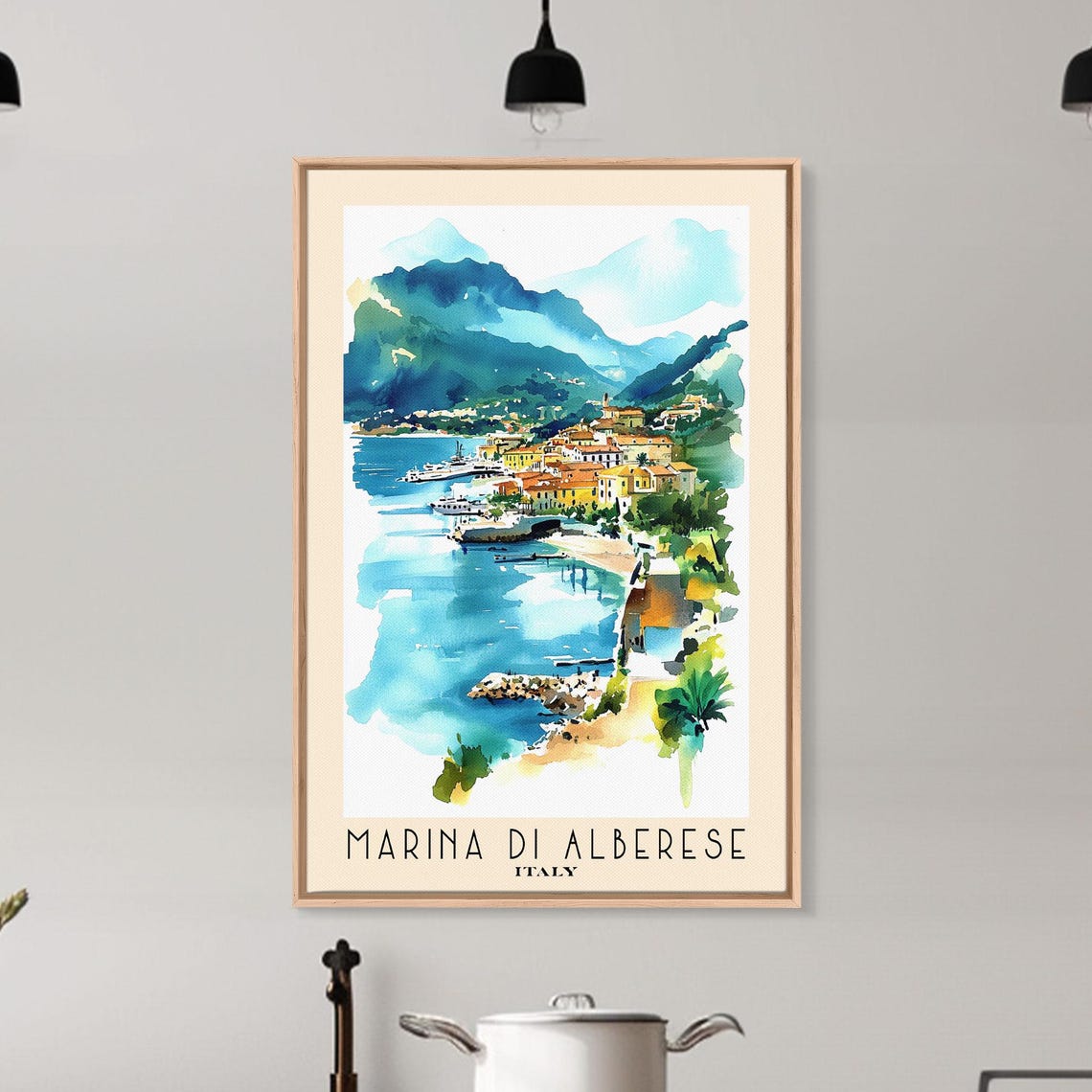 Marina di Alberese Italy Harbor Town Mountain Coast Watercolor Poster - Image 6