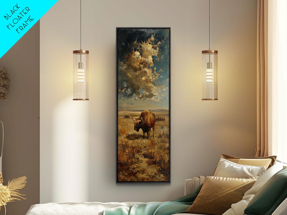 Wild Bison On Golden Prairie Grassland Impasto Dramatic Sky Poster - Image 2