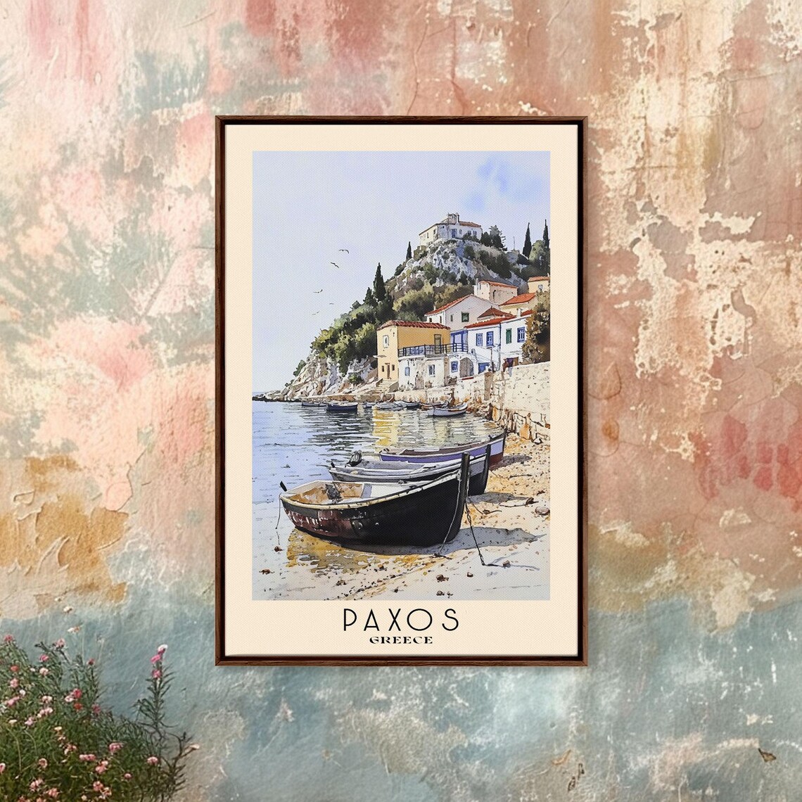 Paxos Greece Harbor Fishing Boats Village Hillside Watercolor Poster