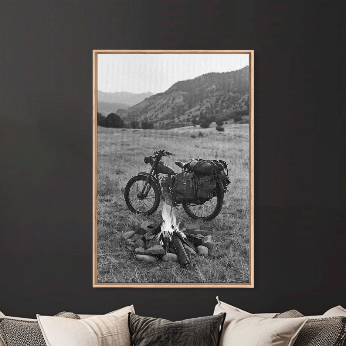 Vintage Motorcycle Campfire Black and White Mountain Night Art Poster - Image 2