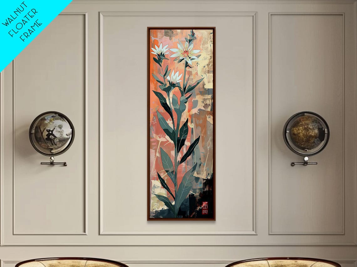Tall White Wildflowers Coral Abstract Japanese Style Art Poster - Image 5