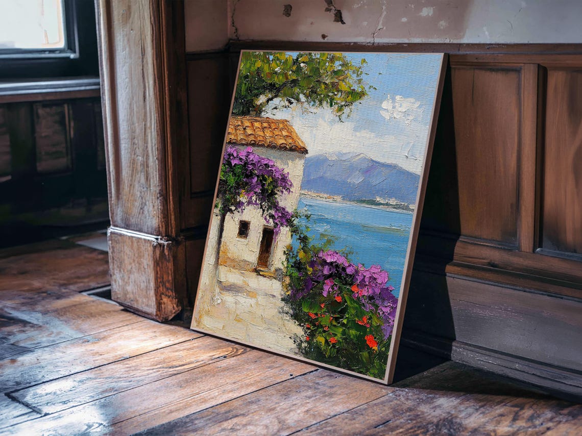Italian Coastal Villa Sea View Bougainvillea Mediterranean Oil Print - Image 6